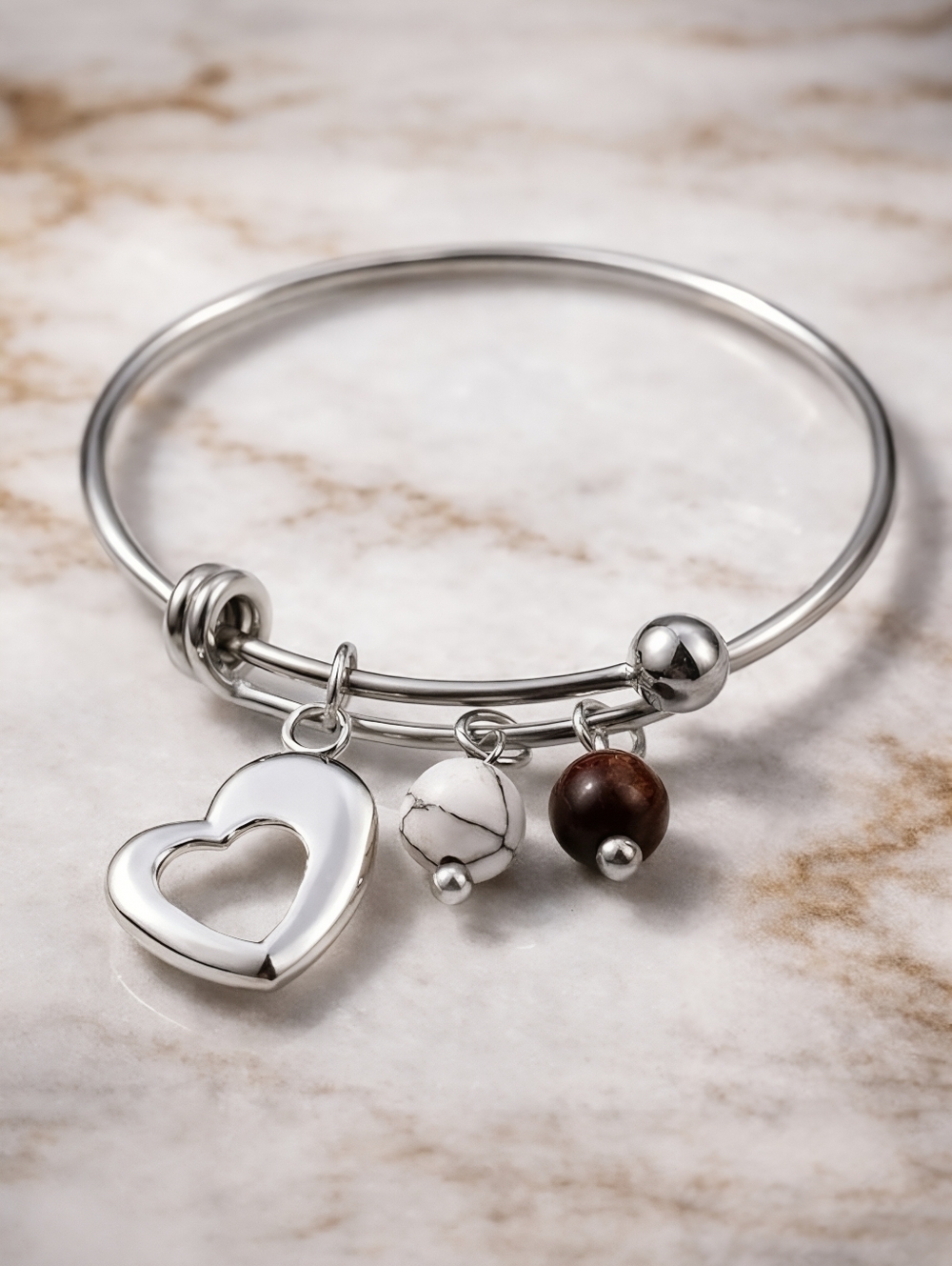 18K Gold Bangle Bracelet Heart Tigers Eye Magnesite Charms Boho Crystal Talisman